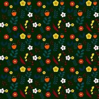 Seamless floral pattern on a dark green background. Bright flowers in doodle style. Children's floral pattern. Vector illustration