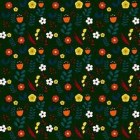 Seamless floral pattern on a dark green background. Bright flowers in doodle style. Children's floral pattern. Vector illustration