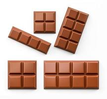 Milk chocolate pieces isolated on white background. top viewChocolate cubes, pieces of bitter, dark chocolate bar, isolated on white background, top view 3d illustration photo