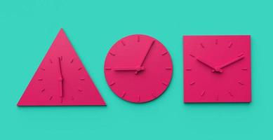 Clock in different shapes triangle circle and square 3d illustration