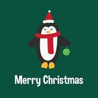 tarjeta de felicitación de navidad con lindo pingüino con bola sobre fondo verde oscuro vector