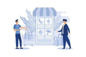 Retail food, shop to online. Woman makes purchases via phone online, choosing product. Shopping cart for buyer with food. E-commerce on smartphone. flat vector illustration