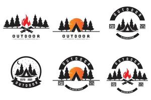 diseño de logotipo de camping, ilustración al aire libre de bosques y paisajes montañosos vector