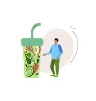 Young man choosing the right diet, concept of choosing vegetarianism, cartoon flat vector illustration.