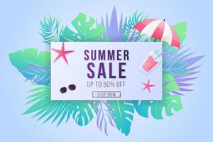 Summer sale banner with gradient tropical leaf vector