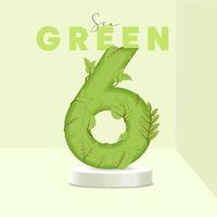 Number 6 leaves and branches on the stand. Leaves font. 6 symbol with green plant texture. Eco symbol collection. Vector design piece and template illustration.