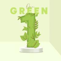 Number 1 leaves and branches on the stand. Leaves font. 1 symbol with green plant texture. Eco symbol collection. Vector design piece and template illustration.