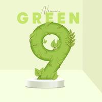 Number 9 leaves and branches on the stand. Leaves font. 9 symbol with green plant texture. Eco symbol collection. Vector design piece and template illustration.