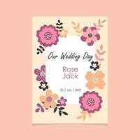 Wedding invitation template in pastel colors. Hand drawn flowers vector