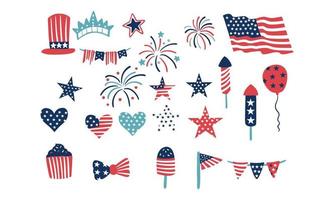 American Independence Day. US flag, star, love, fireworks vector collection.