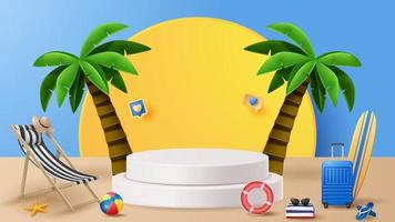 Summer display podium decoration background with beach ornament. Vector 3D Illustration