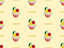 Cup cake cartoon character seamless pattern on yellow background. Pixel style vector