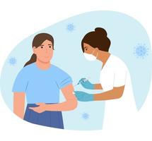 A doctor in a clinic giving a  vaccine to a woman. Vaccination adult concept. Immunization of adults, covid vaccine. Happy patient.Flat vector llustration.