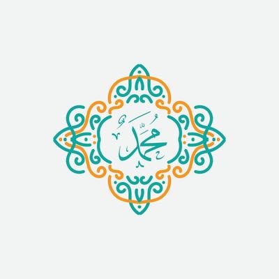 Muhammad arabic calligraphy. Mawlid al-nabawi al-shareef greeting card template with frame or ornament