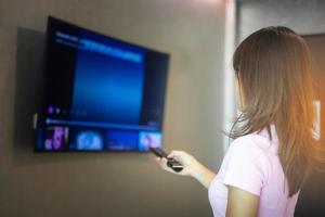 woman hand using remote controller for adjust Smart TV inside the modern room at home photo