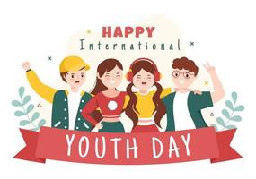 feliz día internacional de la juventud linda ilustración de dibujos animados con niños y niñas para la campaña en un fondo de estilo plano vector
