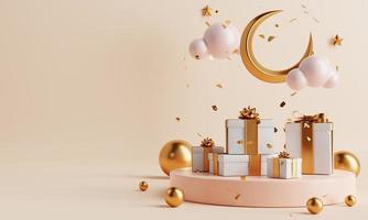 Minimal product podium with present gift boxes in Ramadan or Eid Mubarak Islamic traditional culture style on coral color background. Holiday and Arabian festival concept. 3D illustration rendering photo