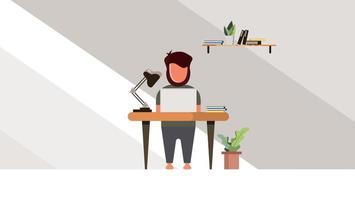 Work from home concept, flat tiny person vector illustration. Freelancer remote office workplace interior setup with desk, chair and computer