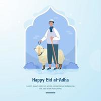 hombre musulmán caminando con ovejas, diseño plano para eid al-adha vector