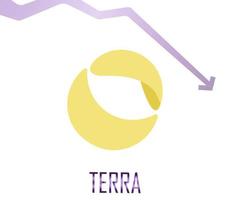 Terra LUNA in a downtrend, the price falls down. Vector banner on white background with gradient down arrow. Symbol of a cryptocurrency coin. The trade crisis and the collapse of the cryptocurrency.