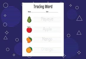 Word tracing worksheets for kids. Letters trace exercises for kids vector