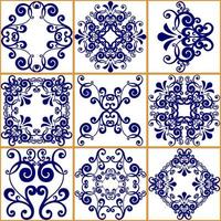 Seamless patchwork tile. Majolica pottery tile. Portuguese and Spain decor. Ceramic tile in talavera style. Vector illustration.  Abstract seamless patchwork pattern with geometric and floral ornament