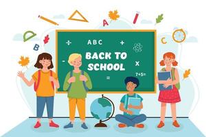Happy kids in the classroom with the board, back to the school concept, cute characters. Vector illustration in a flat style in the theme of the school.