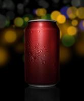 Metal can with cola or beer. Drops of condensation on the surface. background abstract bokeh lights with soft light photo