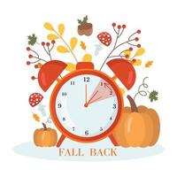 concepto de horario de verano. reloj despertador en el fondo de hojas y calabazas de otoño. el texto de recordatorio: atrasa el reloj una hora. ilustración vectorial vector