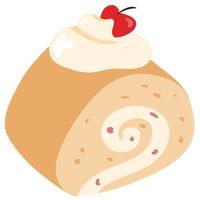 Sponge cake roll with cream and cherry. Hand drawn vector illustration. Suitable for stickers, greeting cards, gift paper, menu