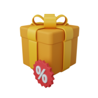 Caja de regalo de renderizado 3d con descuento aislado útil para comercio electrónico o diseño de negocios en línea png