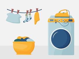 día de lavado en casa. un conjunto de ilustraciones vectoriales con lavadora, productos de lavandería y limpieza, ropa sucia y limpia. el concepto de limpieza del apartamento. vector