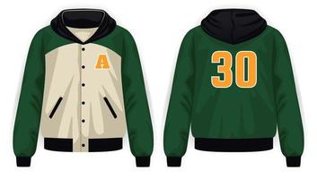 Green, beige, black and yellow varsity jacket with hoodie front and back view, vector mockup illustration