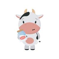 Cute Cow with bottle of milk. Cartoon style. Vector illustration. For card, posters, banners, books, printing on the pack, printing on clothes, textile or dishes.