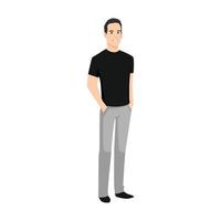 Cool man character standing with hand on the pocket flat vector illustration isolated on white background
