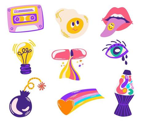 Pop Color Style Flat Design 90s Sticker. Cool trendy retro stickers with smile faces, cartoon comic label patches. Different emotions, text. Vector cartoon illustration isolate