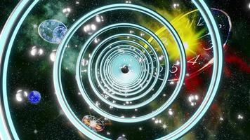roterande cirkel i mitten och en glödande partikelboll på nebulosans bakgrund. abstrakt teknik bakgrund. 3d rendering video