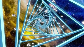 triângulo giratório no centro e uma bola de partículas brilhantes no fundo da nebulosa. fundo abstrato de tecnologia. renderização 3D