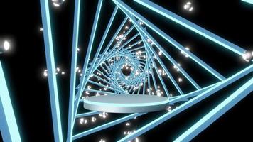 metallpodium tom med en roterande triangel i mitten och en glödande partikelkula. abstrakt teknik bakgrund. 3d-rendering animation video