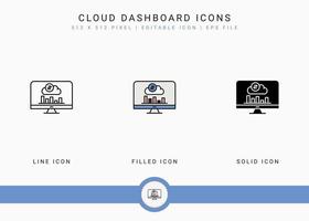 Cloud dashboard icons set vector illustration with solid icon line style. Data center system concept. Editable stroke icon on isolated background for web design, user interface, and mobile application