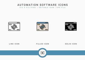 iconos de software de automatización establecen ilustración vectorial con estilo de línea de icono sólido. concepto de sistema de centro de datos. icono de trazo editable en un fondo aislado para diseño web, interfaz de usuario y aplicación móvil vector