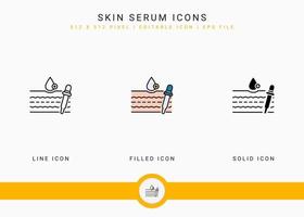 Skin serum icons set vector illustration with solid icon line style. Skincare absorption symbol. Editable stroke icon on isolated background for web design, infographic and UI mobile app.