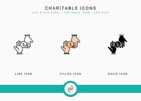 Charitable icons set vector illustration with solid icon line style. Charity help care concept. Editable stroke icon on isolated background for web design, user interface, and mobile app