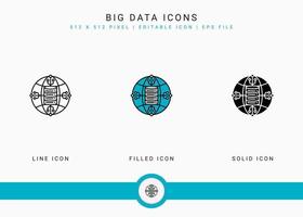Big data icons set vector illustration with solid icon line style. Cloud database concept. Editable stroke icon on isolated background for web design, user interface, and mobile application