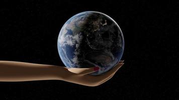 Frauenhände, die den Planeten Erde mit Weltraumhintergrund halten. 3D-Renderanimation video