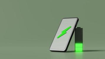 3d animation with smartphone or mobile phone charging with battery charge indicator isolated on green background. charging battery technology concept video