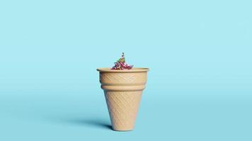 spin ice cream chocolate with topping in waffle cones isolated on blue pastel background.3d illustration or 3d render