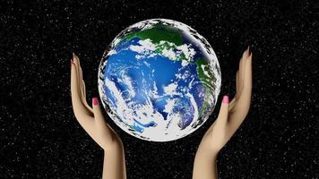 mains de femme tenant la planète terre avec fond d'espace. Animation de rendu 3D video