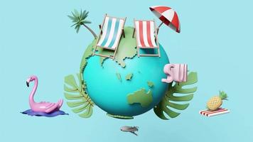 zomer reizen rond de wereld concept met strandstoel, paraplu, opblaasbare flamingo, kokosboom, monstera blad, 3d render animatie video