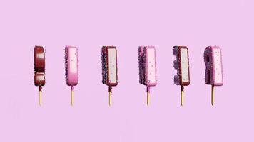 bastoncini di gelato al cioccolato spin ricoperti di ghiaccioli con scritte estive di topping isolate su sfondo rosa pastello.illustrazione 3d o rendering 3d